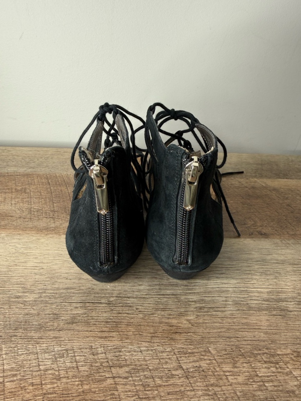 SAM EDELMAN Black Suede Dean Gladiator Sandals Lace Up Cork Zipper Size 7 - Picture 9 of 12